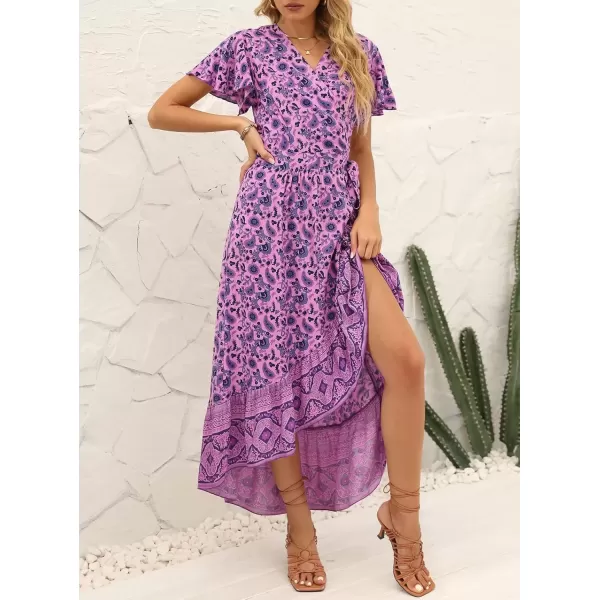 imageZESICA Womens Summer Bohemian Floral Printed Wrap V Neck Beach Party Flowy Ruffle Midi DressLightpurple
