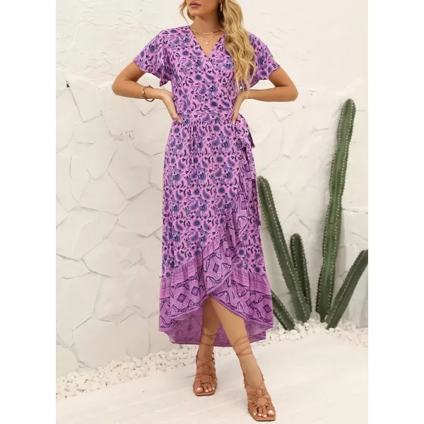 imageZESICA Womens Summer Bohemian Floral Printed Wrap V Neck Beach Party Flowy Ruffle Midi DressLightpurple