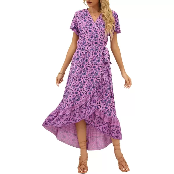 imageZESICA Womens Summer Bohemian Floral Printed Wrap V Neck Beach Party Flowy Ruffle Midi DressLightpurple