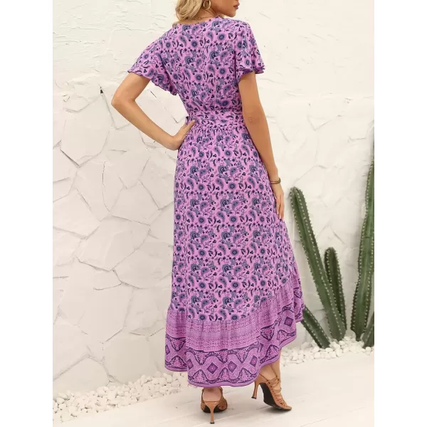 imageZESICA Womens Summer Bohemian Floral Printed Wrap V Neck Beach Party Flowy Ruffle Midi DressLightpurple