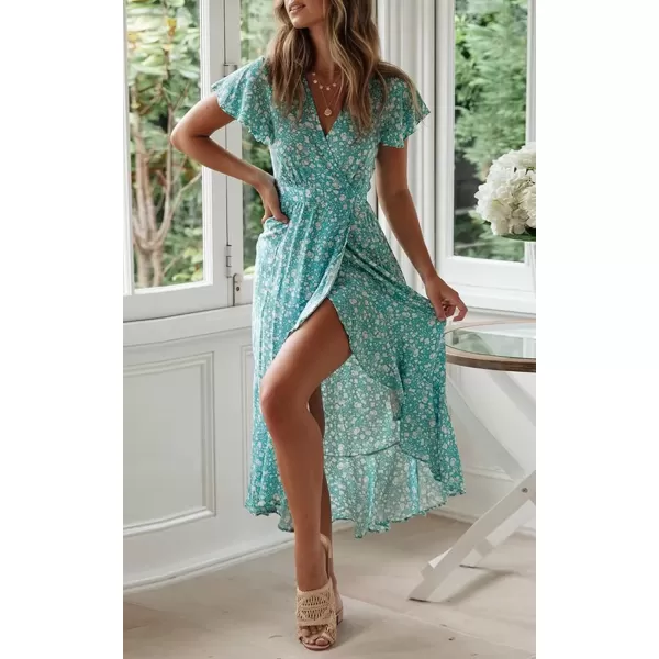 imageZESICA Womens Summer Bohemian Floral Printed Wrap V Neck Beach Party Flowy Ruffle Midi DressMint