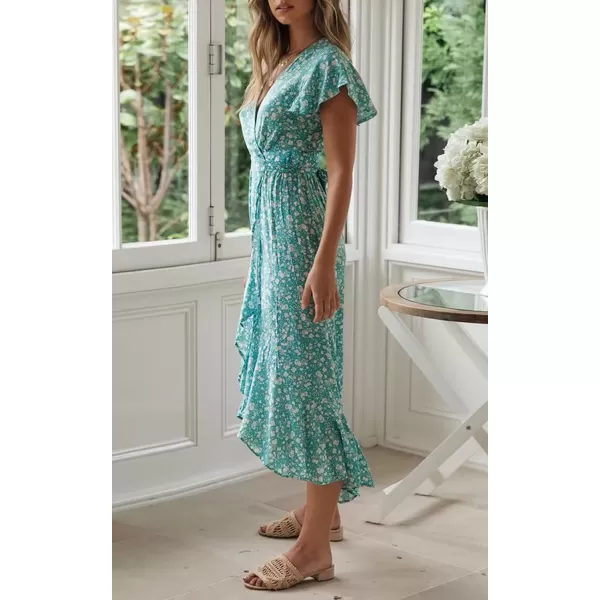 imageZESICA Womens Summer Bohemian Floral Printed Wrap V Neck Beach Party Flowy Ruffle Midi DressMint