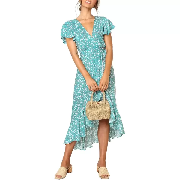 imageZESICA Womens Summer Bohemian Floral Printed Wrap V Neck Beach Party Flowy Ruffle Midi DressMint