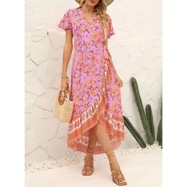 imageZESICA Womens Summer Bohemian Floral Printed Wrap V Neck Beach Party Flowy Ruffle Midi DressPinkpurple