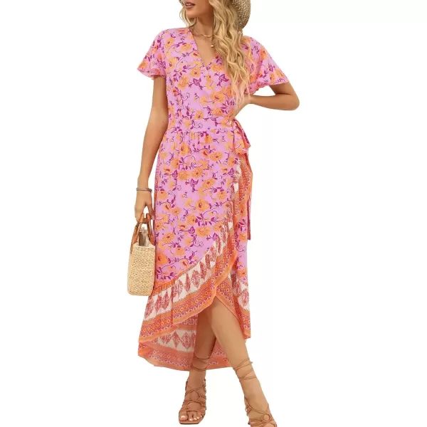 imageZESICA Womens Summer Bohemian Floral Printed Wrap V Neck Beach Party Flowy Ruffle Midi DressPinkpurple