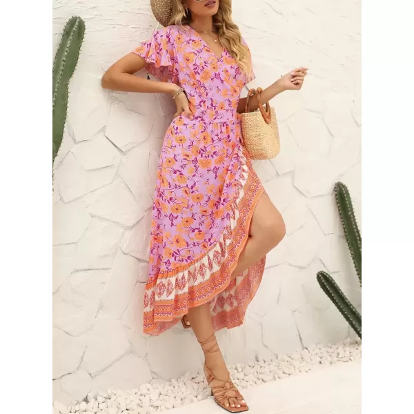 imageZESICA Womens Summer Bohemian Floral Printed Wrap V Neck Beach Party Flowy Ruffle Midi DressPinkpurple