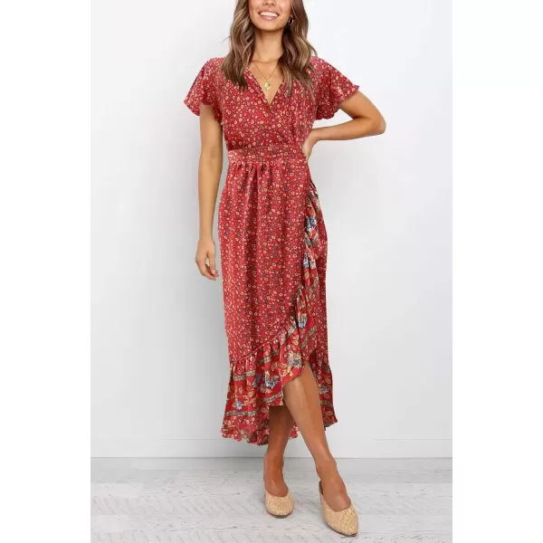 imageZESICA Womens Summer Bohemian Floral Printed Wrap V Neck Beach Party Flowy Ruffle Midi DressRed
