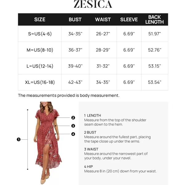 imageZESICA Womens Summer Bohemian Floral Printed Wrap V Neck Beach Party Flowy Ruffle Midi DressRed