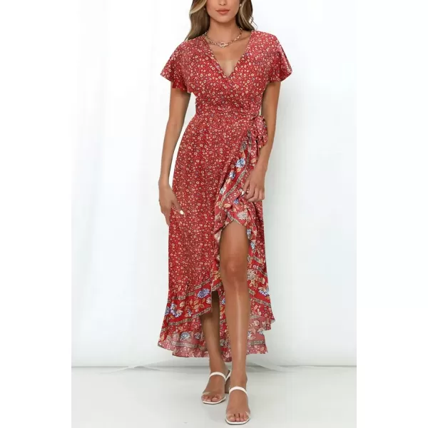 imageZESICA Womens Summer Bohemian Floral Printed Wrap V Neck Beach Party Flowy Ruffle Midi DressRed