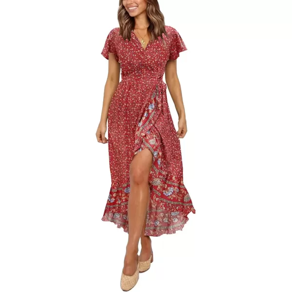 imageZESICA Womens Summer Bohemian Floral Printed Wrap V Neck Beach Party Flowy Ruffle Midi DressRed