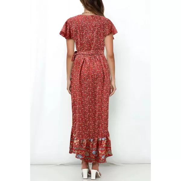 imageZESICA Womens Summer Bohemian Floral Printed Wrap V Neck Beach Party Flowy Ruffle Midi DressRed