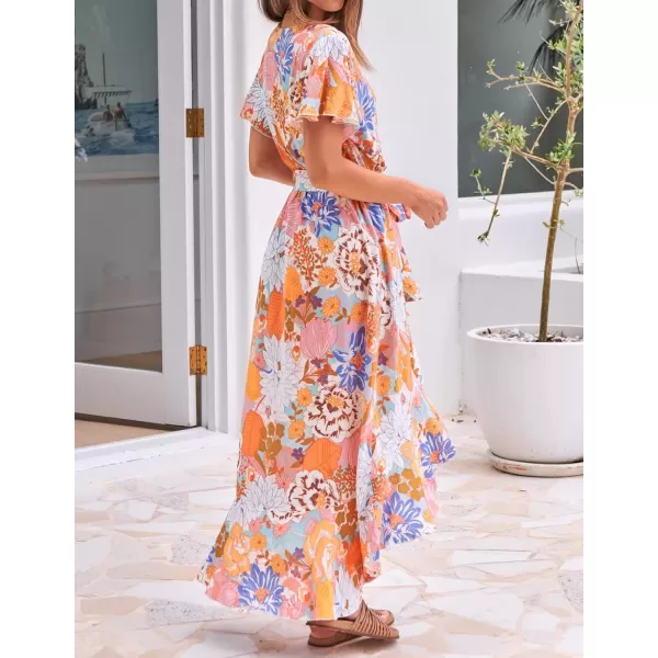 imageZESICA Womens Summer Bohemian Floral Printed Wrap V Neck Beach Party Flowy Ruffle Midi DressTangerine