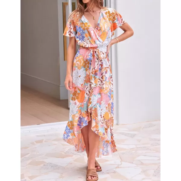 imageZESICA Womens Summer Bohemian Floral Printed Wrap V Neck Beach Party Flowy Ruffle Midi DressTangerine