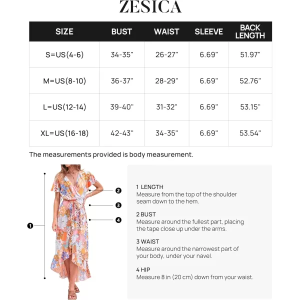 imageZESICA Womens Summer Bohemian Floral Printed Wrap V Neck Beach Party Flowy Ruffle Midi DressTangerine