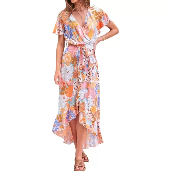 imageZESICA Womens Summer Bohemian Floral Printed Wrap V Neck Beach Party Flowy Ruffle Midi DressTangerine