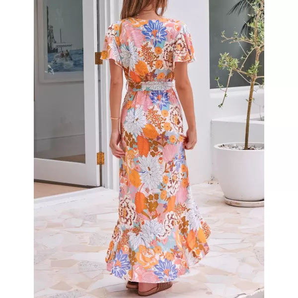 imageZESICA Womens Summer Bohemian Floral Printed Wrap V Neck Beach Party Flowy Ruffle Midi DressTangerine