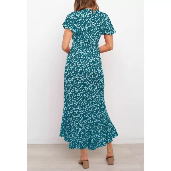 imageZESICA Womens Summer Bohemian Floral Printed Wrap V Neck Beach Party Flowy Ruffle Midi DressTeal