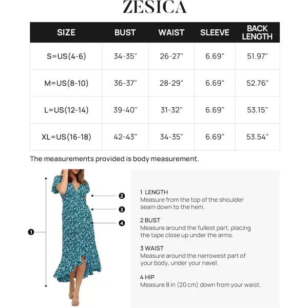 imageZESICA Womens Summer Bohemian Floral Printed Wrap V Neck Beach Party Flowy Ruffle Midi DressTeal