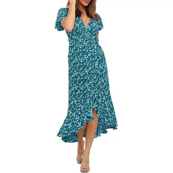 imageZESICA Womens Summer Bohemian Floral Printed Wrap V Neck Beach Party Flowy Ruffle Midi DressTeal