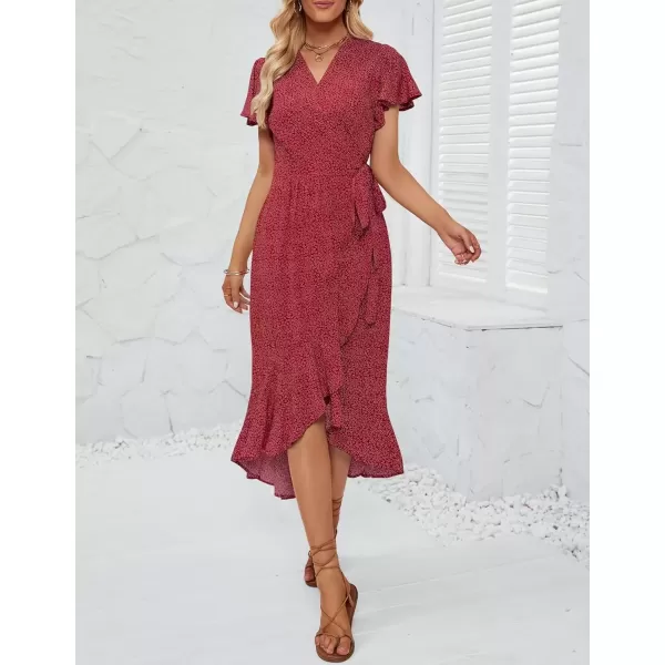 imageZESICA Womens Summer Bohemian Floral Printed Wrap V Neck Beach Party Flowy Ruffle Midi DressVintagered