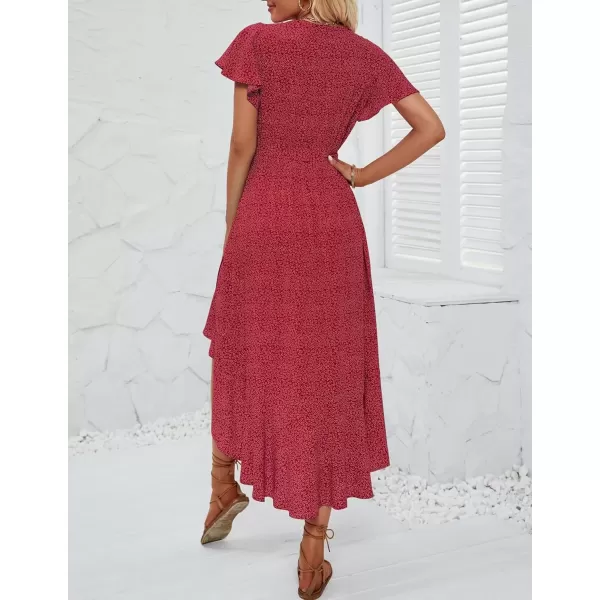 imageZESICA Womens Summer Bohemian Floral Printed Wrap V Neck Beach Party Flowy Ruffle Midi DressVintagered