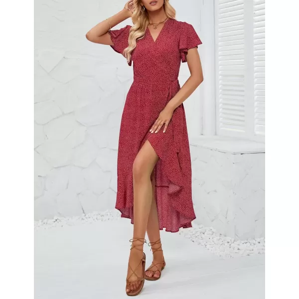 imageZESICA Womens Summer Bohemian Floral Printed Wrap V Neck Beach Party Flowy Ruffle Midi DressVintagered
