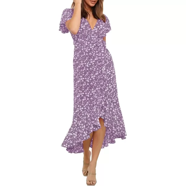imageZESICA Womens Summer Bohemian Floral Printed Wrap V Neck Beach Party Flowy Ruffle Midi DressViolet