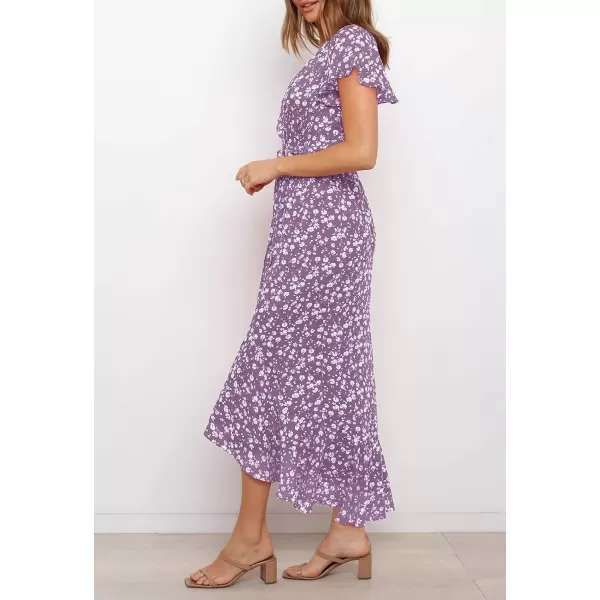 imageZESICA Womens Summer Bohemian Floral Printed Wrap V Neck Beach Party Flowy Ruffle Midi DressViolet