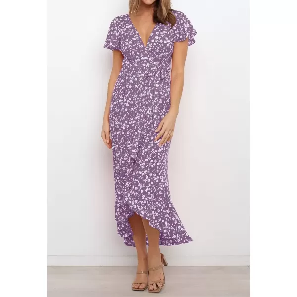 imageZESICA Womens Summer Bohemian Floral Printed Wrap V Neck Beach Party Flowy Ruffle Midi DressViolet