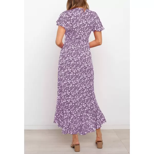 imageZESICA Womens Summer Bohemian Floral Printed Wrap V Neck Beach Party Flowy Ruffle Midi DressViolet