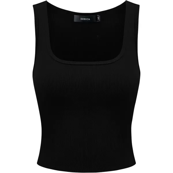 imageZESICA Womens Summer Causal Ribbed Crop Tank Tops Sleeveless Square Neck Slim Fitted Basic Cami Tee ShirtsBlack