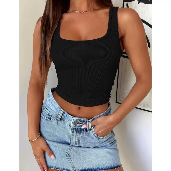 imageZESICA Womens Summer Causal Ribbed Crop Tank Tops Sleeveless Square Neck Slim Fitted Basic Cami Tee ShirtsBlack