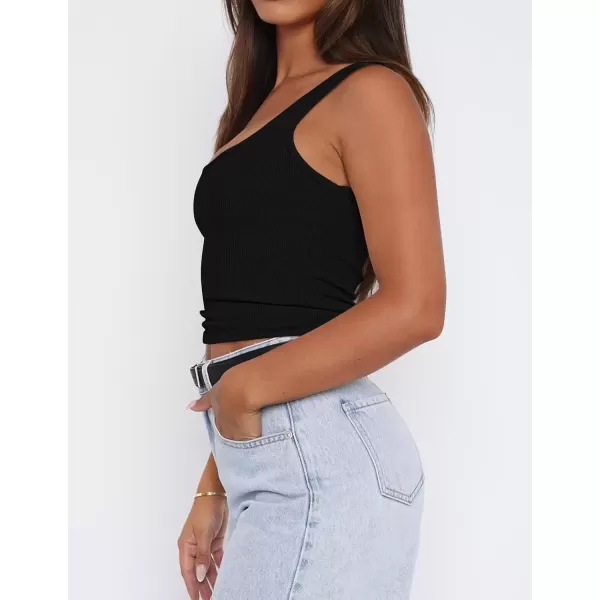 imageZESICA Womens Summer Causal Ribbed Crop Tank Tops Sleeveless Square Neck Slim Fitted Basic Cami Tee ShirtsBlack