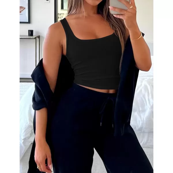 imageZESICA Womens Summer Causal Ribbed Crop Tank Tops Sleeveless Square Neck Slim Fitted Basic Cami Tee ShirtsBlack
