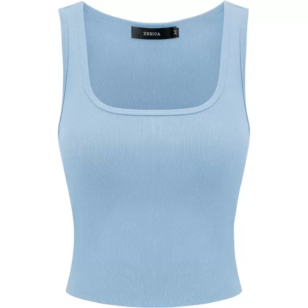 imageZESICA Womens Summer Causal Ribbed Crop Tank Tops Sleeveless Square Neck Slim Fitted Basic Cami Tee ShirtsBlue