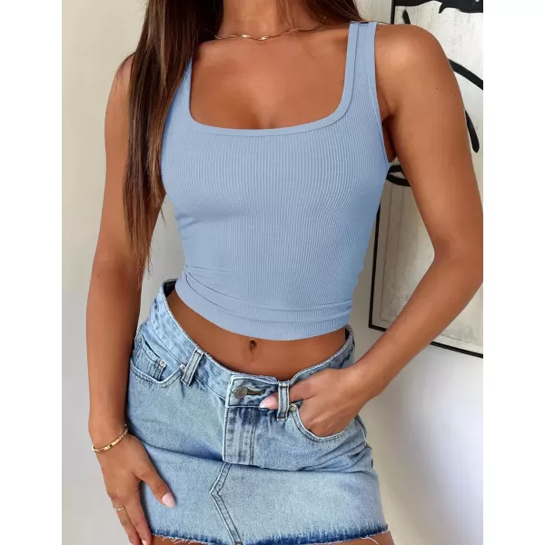 imageZESICA Womens Summer Causal Ribbed Crop Tank Tops Sleeveless Square Neck Slim Fitted Basic Cami Tee ShirtsBlue