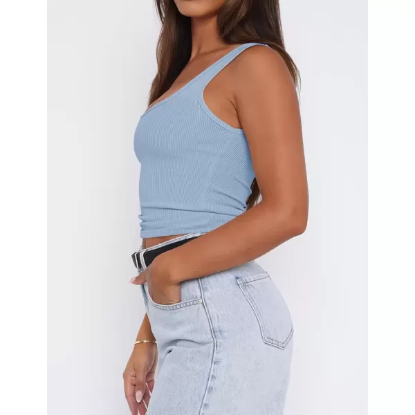 imageZESICA Womens Summer Causal Ribbed Crop Tank Tops Sleeveless Square Neck Slim Fitted Basic Cami Tee ShirtsBlue
