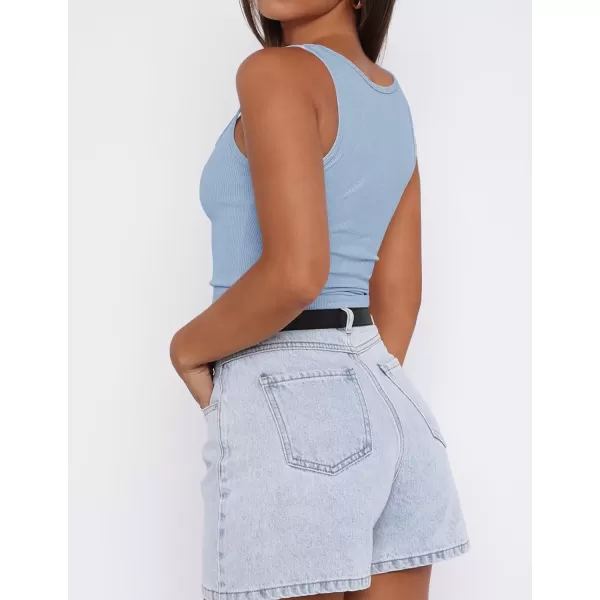 imageZESICA Womens Summer Causal Ribbed Crop Tank Tops Sleeveless Square Neck Slim Fitted Basic Cami Tee ShirtsBlue