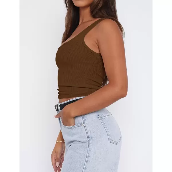 imageZESICA Womens Summer Causal Ribbed Crop Tank Tops Sleeveless Square Neck Slim Fitted Basic Cami Tee ShirtsBrown