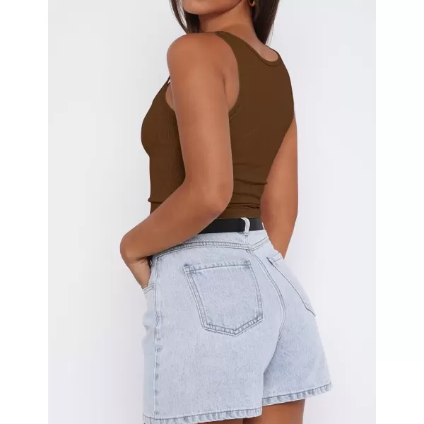 imageZESICA Womens Summer Causal Ribbed Crop Tank Tops Sleeveless Square Neck Slim Fitted Basic Cami Tee ShirtsBrown