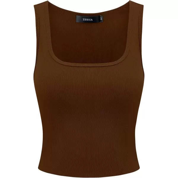 imageZESICA Womens Summer Causal Ribbed Crop Tank Tops Sleeveless Square Neck Slim Fitted Basic Cami Tee ShirtsBrown