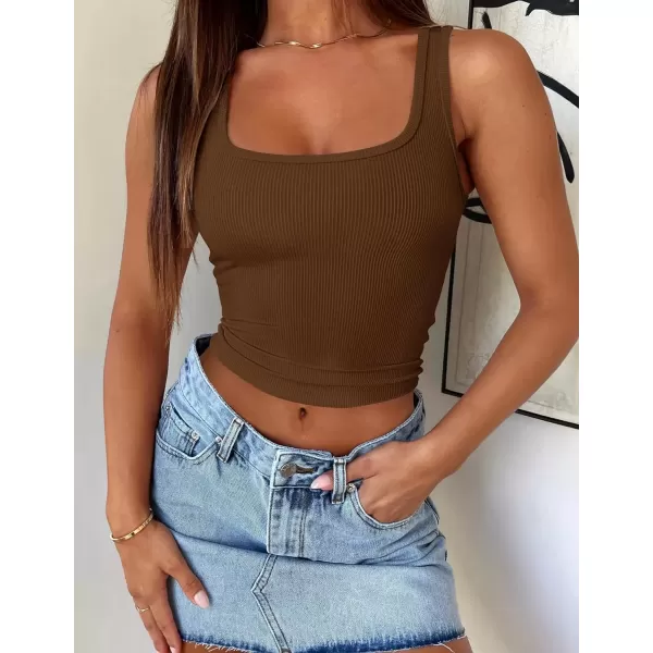imageZESICA Womens Summer Causal Ribbed Crop Tank Tops Sleeveless Square Neck Slim Fitted Basic Cami Tee ShirtsBrown