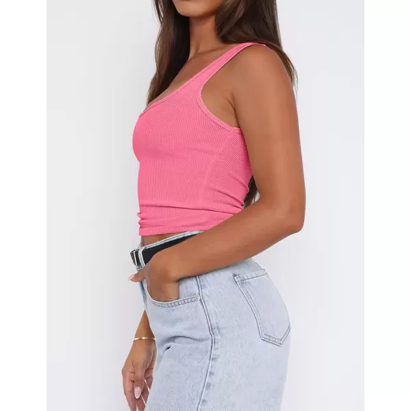 imageZESICA Womens Summer Causal Ribbed Crop Tank Tops Sleeveless Square Neck Slim Fitted Basic Cami Tee ShirtsPink