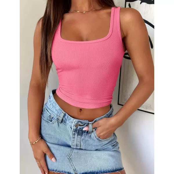 imageZESICA Womens Summer Causal Ribbed Crop Tank Tops Sleeveless Square Neck Slim Fitted Basic Cami Tee ShirtsPink