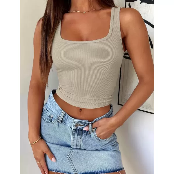 imageZESICA Womens Summer Causal Ribbed Crop Tank Tops Sleeveless Square Neck Slim Fitted Basic Cami Tee ShirtsSand