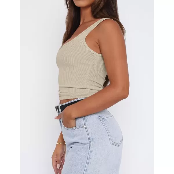 imageZESICA Womens Summer Causal Ribbed Crop Tank Tops Sleeveless Square Neck Slim Fitted Basic Cami Tee ShirtsSand