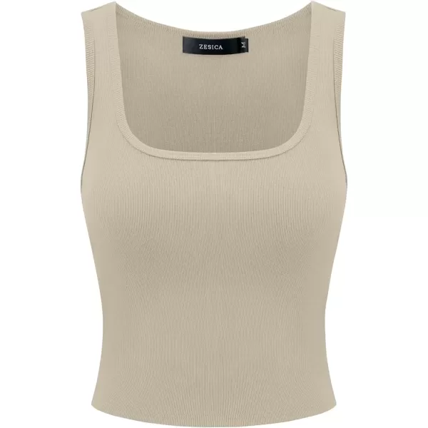 imageZESICA Womens Summer Causal Ribbed Crop Tank Tops Sleeveless Square Neck Slim Fitted Basic Cami Tee ShirtsSand