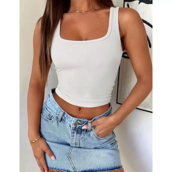imageZESICA Womens Summer Causal Ribbed Crop Tank Tops Sleeveless Square Neck Slim Fitted Basic Cami Tee ShirtsWhite