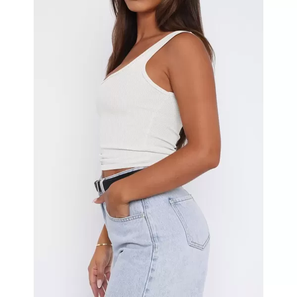 imageZESICA Womens Summer Causal Ribbed Crop Tank Tops Sleeveless Square Neck Slim Fitted Basic Cami Tee ShirtsWhite