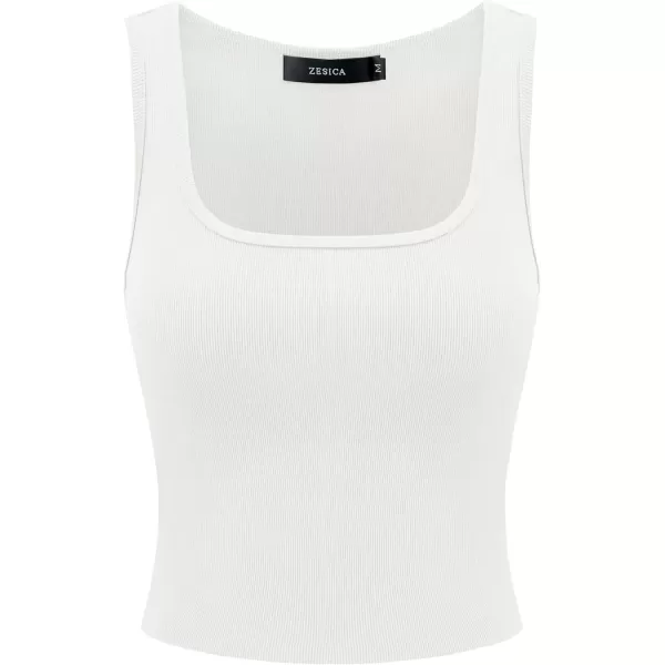 imageZESICA Womens Summer Causal Ribbed Crop Tank Tops Sleeveless Square Neck Slim Fitted Basic Cami Tee ShirtsWhite